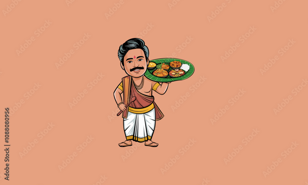Traditional man serving South Indian meal on banana leaf