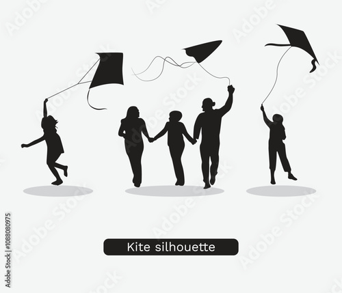  vector hand drawn person flying kite silhouette set