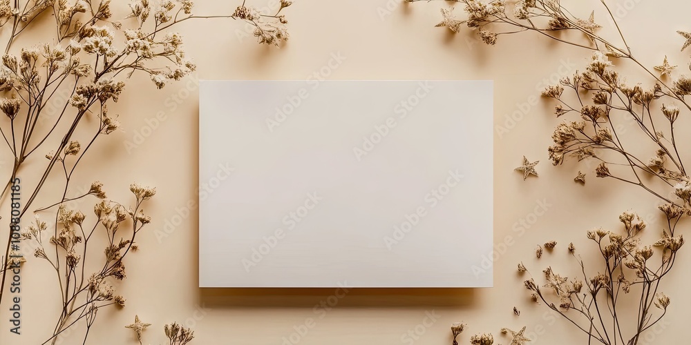 Blank paper sheet card mockup with copy space and dried star flower buds on a beige backdrop.
