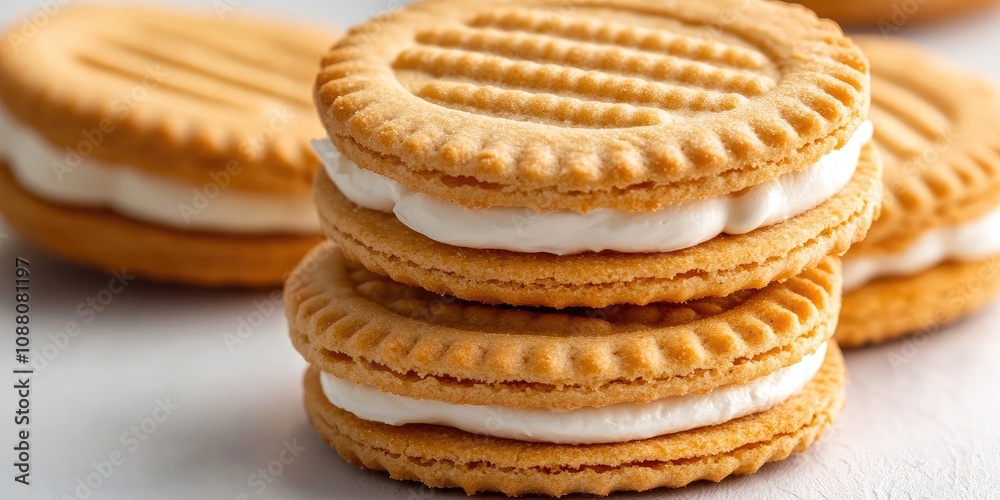 Close-up of sandwich biscuits filled with cream on a white background. Close-up of sandwich biscuits filled with cream on a white background.
