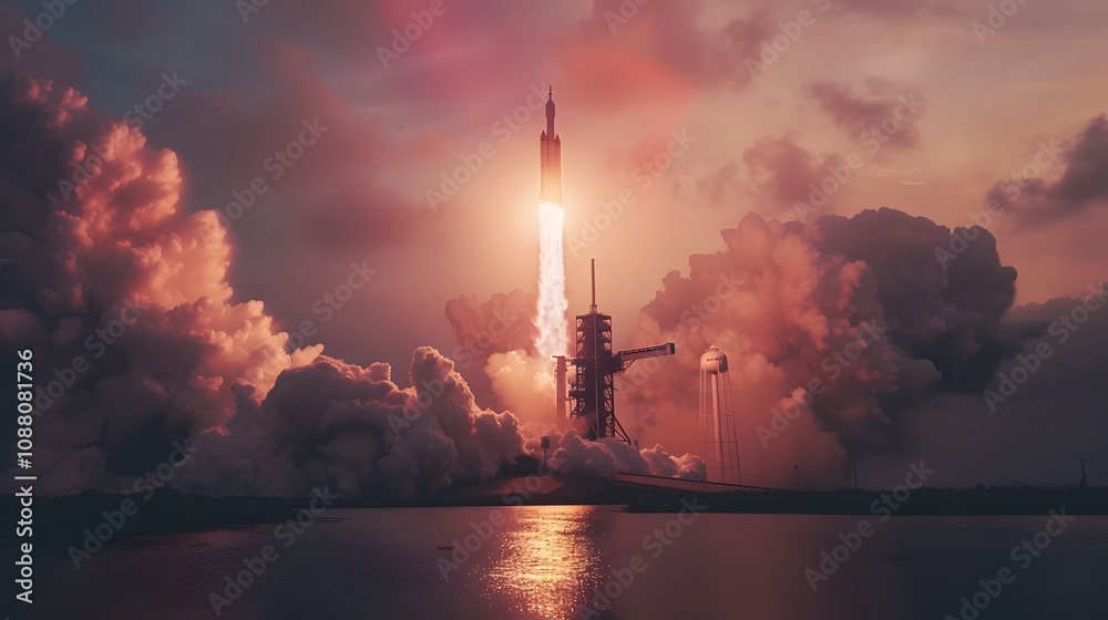 A rocket launches into the sky, illuminating the clouds and reflecting on the water below. A rocket launches into the sky, illuminating the clouds and reflecting on the water below.