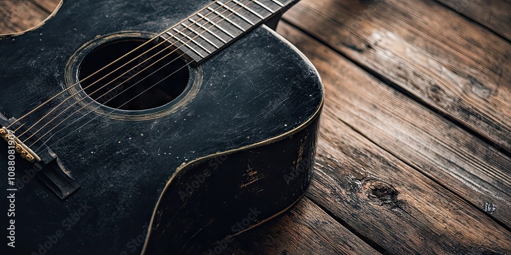 Fototapeta premium Close-up of a black acoustic guitar body on a textured, aged brown wood table background, highlighting the shape of the guitar.