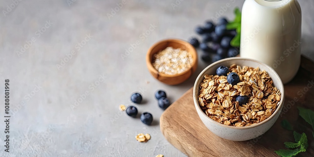 A bowl of oat granola sits on a wooden board beside a glass bottle of milk and blueberries. This represents a healthy breakfast and proper nutrition. Space for text. A bowl of oat granola sits on a wooden board beside a glass bottle of milk and blueberries. This represents a healthy breakfast and proper nutrition. Space for text.