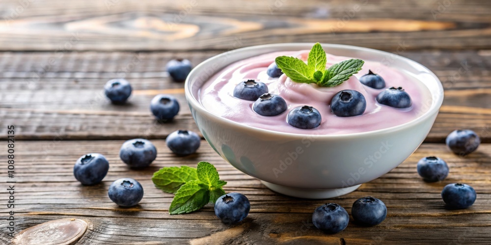 Blueberry yogurt with fresh blueberries and slices in a white bowl on a wooden table, blueberry, yogurt, food, healthy, snack Blueberry yogurt with fresh blueberries and slices in a white bowl on a wooden table, blueberry, yogurt, food, healthy, snack