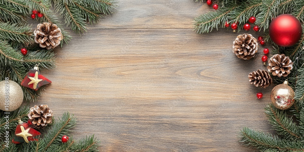 Christmas and New Year arrangement on a wooden surface. Postcard featuring a fir branch and decorations. Top view. Flat lay. Copy space. Christmas and New Year arrangement on a wooden surface. Postcard featuring a fir branch and decorations. Top view. Flat lay. Copy space.