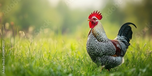 Dutch bantam rooster free-ranging in grass with ample copy space.