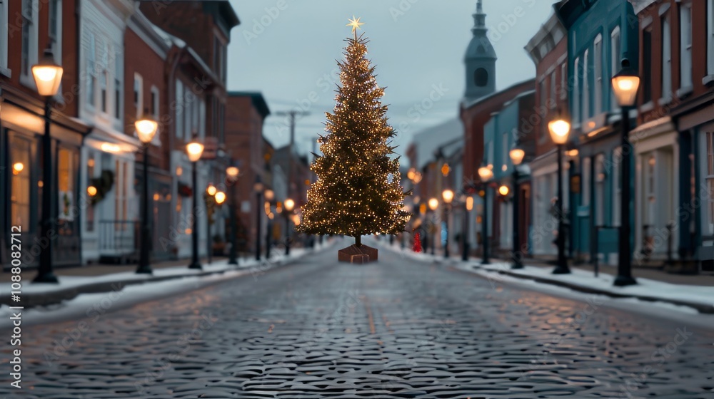Festive street scene with a decorated Christmas tree. Festive street scene with a decorated Christmas tree.
