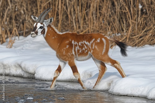 A springbok walking near a snowy riverbank in a serene winter landscape showcasing its distinct brown and white markings.

 photo