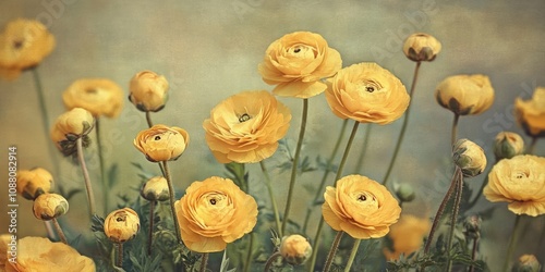 textured stylish vintage paper background, square, featuring Ranunculus cortusifolius, Canary Buttercup photo