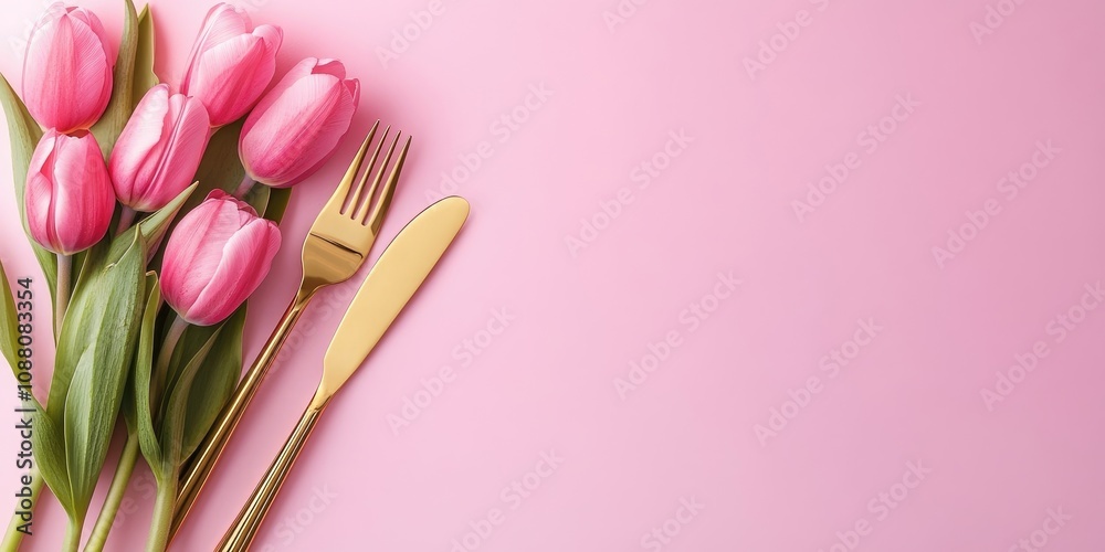 Elegant table setting with gold cutlery and pink tulips against a pastel pink square background, captured up close. Elegant table setting with gold cutlery and pink tulips against a pastel pink square background, captured up close.