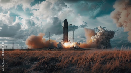 A rocket launching into the sky, surrounded by clouds and smoke, symbolizing space exploration. photo