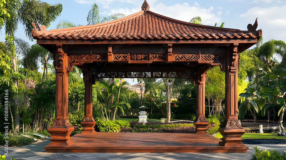 Pergola with refined artistic elements, adding charm to an open, serene space. Pergola with refined artistic elements, adding charm to an open, serene space.