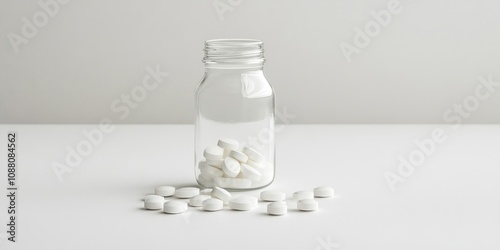 Glass bottle and tablets on a white background.