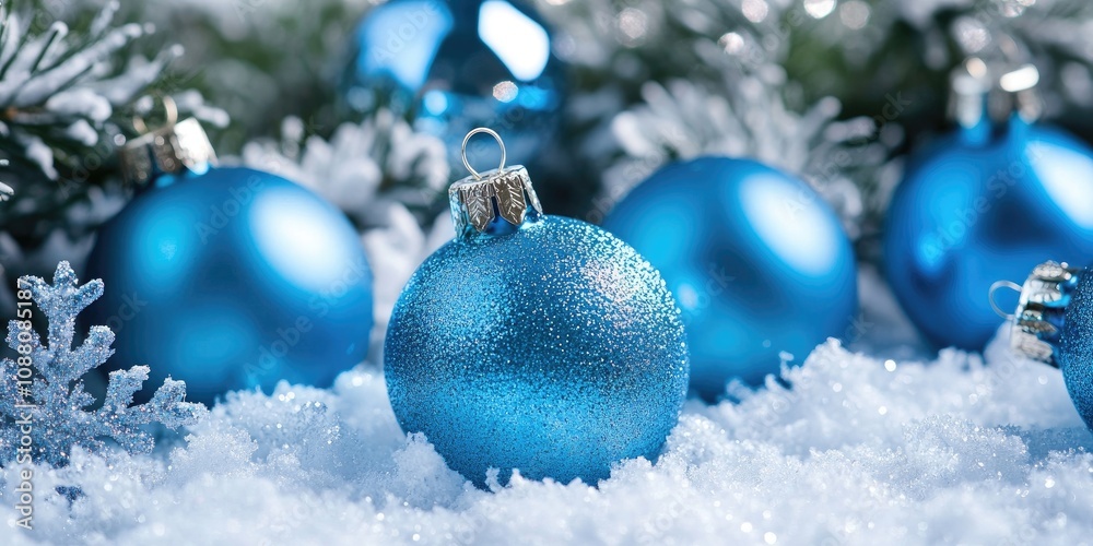 Blue glass Christmas ornaments on a snowflake backdrop. Blue glass Christmas ornaments on a snowflake backdrop.