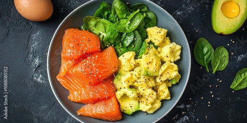 Breakfast on a ketogenic diet featuring scrambled eggs, salmon, avocado, and spinach, viewed from above. photo