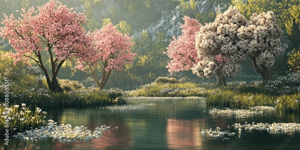 Flowering spring trees in the backdrop of the pond. The theme of blooming spring, pollen, and allergies.