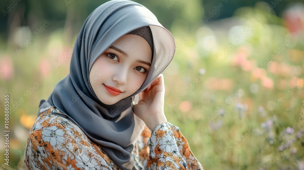 Woman in Grey Hijab Posing in a Floral Garden Woman in Grey Hijab Posing in a Floral Garden
