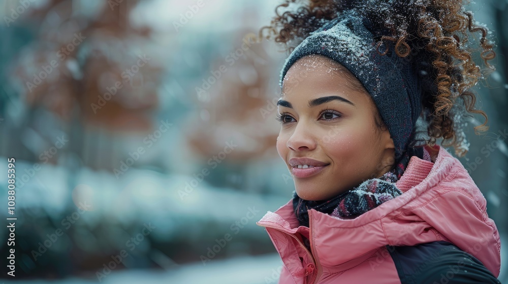 Smiling woman with curly hair in winter. Smiling woman with curly hair in winter.