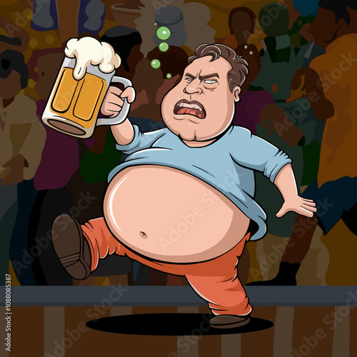 Drunk man holding beer mug at a lively party