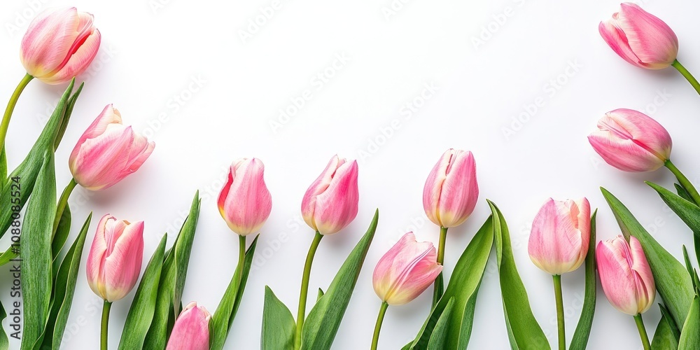 Pink tulips on a white backdrop with copyspace. Pink tulips on a white backdrop with copyspace.