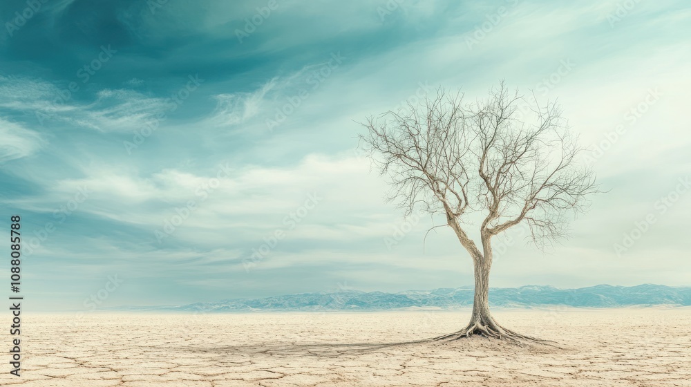 A solitary tree stands in a dry, cracked landscape under a vast sky. A solitary tree stands in a dry, cracked landscape under a vast sky.