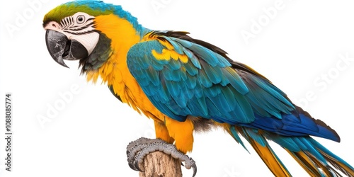 Blue and Yellow Macaw, Ara Ararauna, sitting on a pole against a white background.