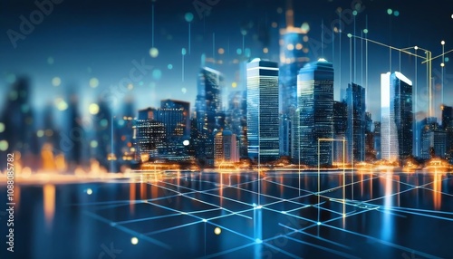 Wallpaper Mural A futuristic city skyline illuminated with bright lights and digital overlays, representing technology and innovation. Torontodigital.ca