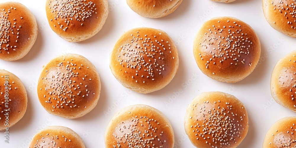 Freshly baked, soft hamburger buns in a plain golden brown color, topped with sesame seeds, set against a white background. copy space flat lay, top view. Homebaking, freshness, BBQ theme. Freshly baked, soft hamburger buns in a plain golden brown color, topped with sesame seeds, set against a white background. copy space flat lay, top view. Homebaking, freshness, BBQ theme.