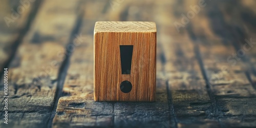 An exclamation mark illustrated on a wooden block with copyspace.