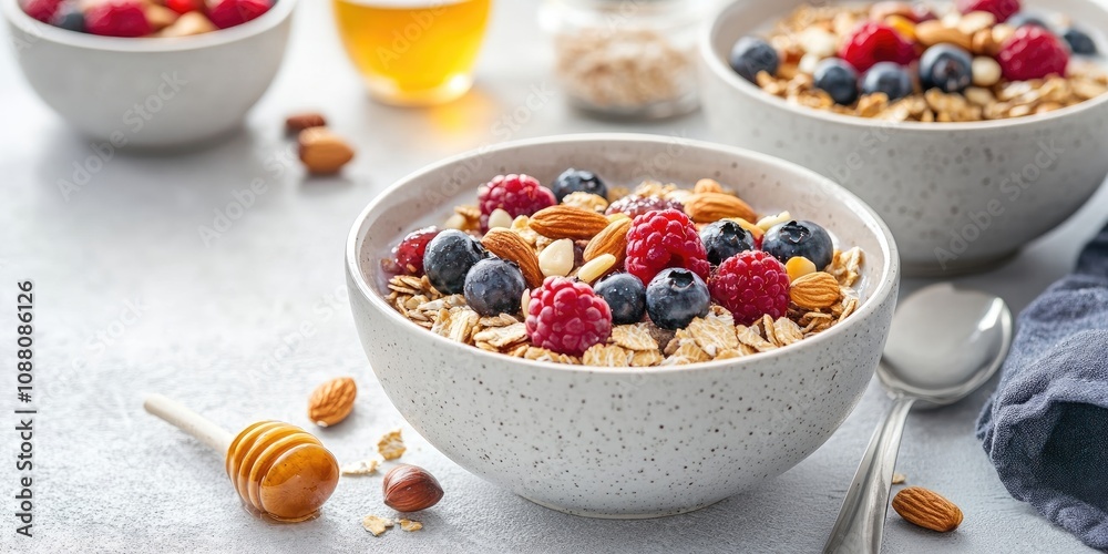 Bowls of muesli with berries, nuts, and honey served for breakfast on a white table, set against a grey background. Bowls of muesli with berries, nuts, and honey served for breakfast on a white table, set against a grey background.