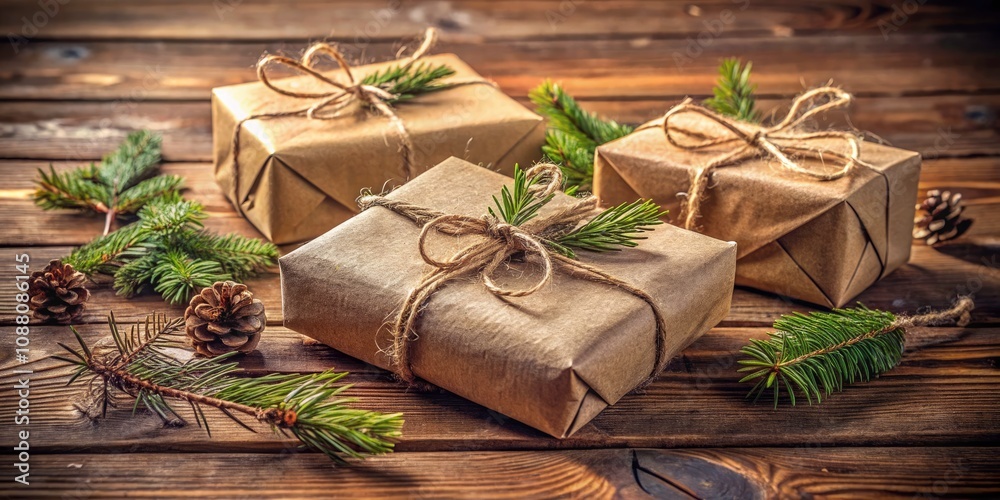 Christmas Gifts Wrapped in Craft Paper with Twine on Rustic Wooden Background - Holiday Decor, Festive Season, Cozy Atmosphere, Natural Aesthetic, Seasonal Celebrations Christmas Gifts Wrapped in Craft Paper with Twine on Rustic Wooden Background - Holiday Decor, Festive Season, Cozy Atmosphere, Natural Aesthetic, Seasonal Celebrations