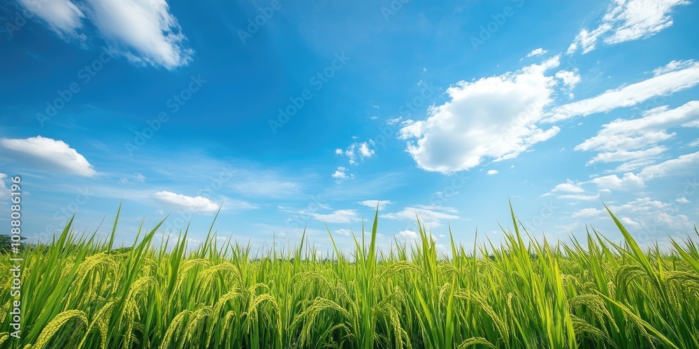 A perspective of rice fields against a backdrop of blue sky. A perspective of rice fields against a backdrop of blue sky.