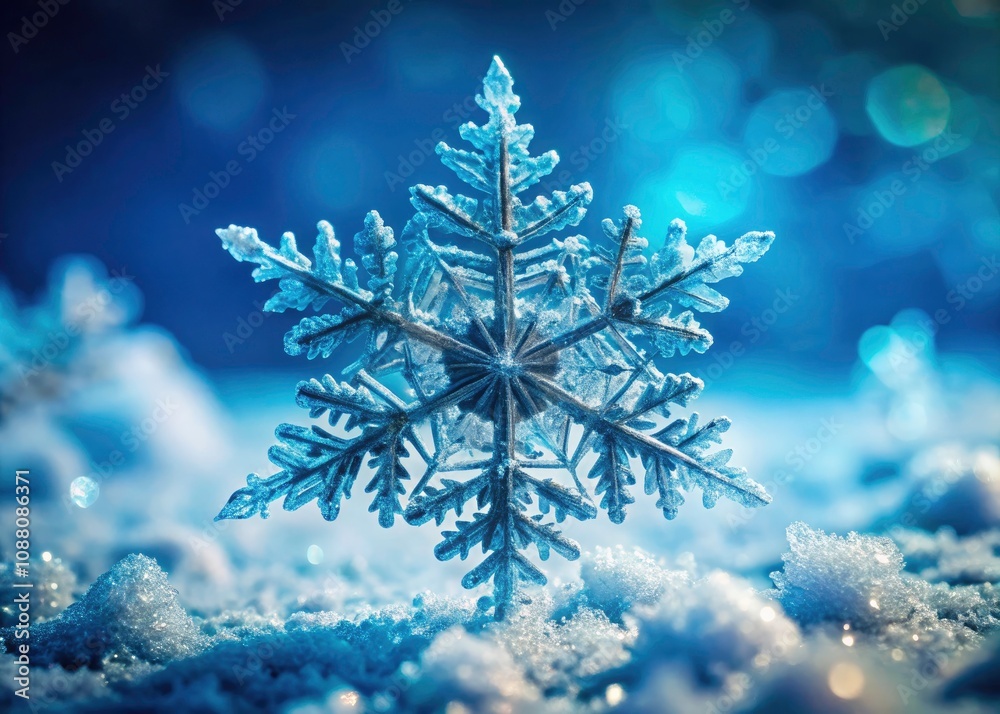 Close Up of Intricate Snowflake on Blue Frosty Background – Minimalist Winter Photography, Nature's Beauty, Macro Snowflake Art, Winter Wonderland, Frosty Patterns, Cold Weather Aesthetics Close Up of Intricate Snowflake on Blue Frosty Background – Minimalist Winter Photography, Nature's Beauty, Macro Snowflake Art, Winter Wonderland, Frosty Patterns, Cold Weather Aesthetics