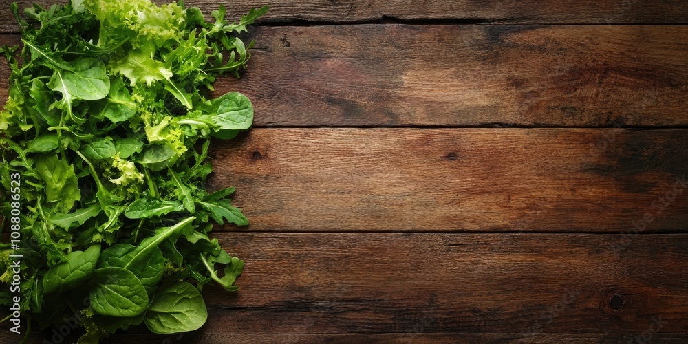 Fresh green salad featuring spinach, arugula, and lettuce on a wooden table with copy space. Fresh green salad featuring spinach, arugula, and lettuce on a wooden table with copy space.