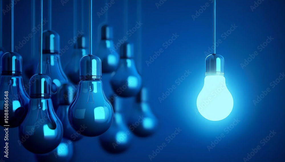 A collection of hanging light bulbs against a blue backdrop, highlighting one brightly illuminated bulb among dimmer ones, creating a striking visual contrast. A collection of hanging light bulbs against a blue backdrop, highlighting one brightly illuminated bulb among dimmer ones, creating a striking visual contrast.