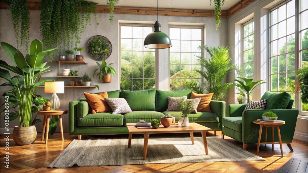Cozy Living Room with Green Couch and Natural Light - Tranquil Interior Design with Potted Plants and Botanical Art Cozy Living Room with Green Couch and Natural Light - Tranquil Interior Design with Potted Plants and Botanical Art