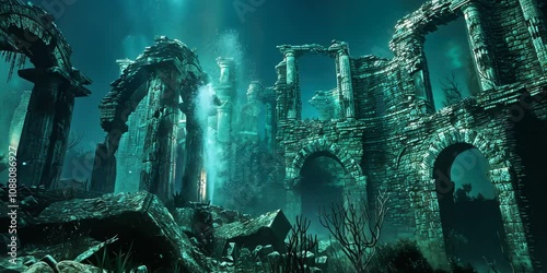 Mythic submerged ruins illuminated by bioluminescence, 4K Video