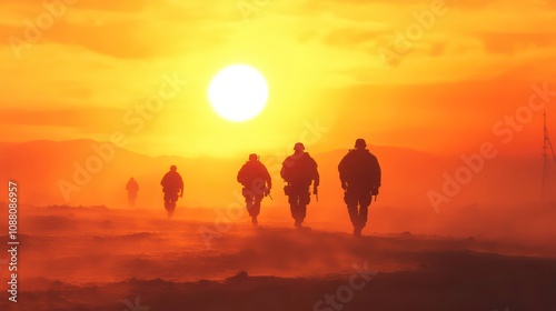 Silhouettes of four soldiers walking through a desert landscape at sunset.