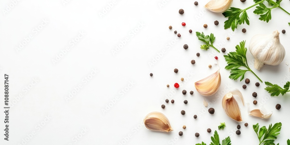 Garlic accompanied by peppercorns and parsley, isolated on a white background with copy space for your text. Top view. Flat lay. Garlic accompanied by peppercorns and parsley, isolated on a white background with copy space for your text. Top view. Flat lay.