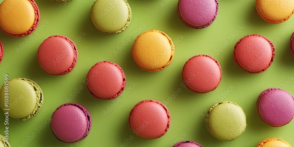 Fototapeta premium Aerial perspective of vibrant, colorful macaroons on a green backdrop.