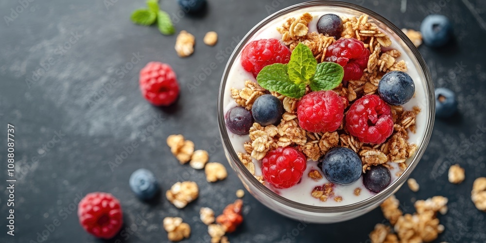 Breakfast in a glass featuring granola and berries, top view.