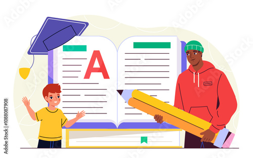 Boy study literature. Teenagers and kids with pencil near book. Education and training, learning. Digital library with textbooks. Flat vector illustration