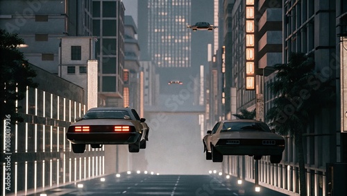 Futuristic cityscape with flying cars at night: a glimpse of tomorrows urban transport photo