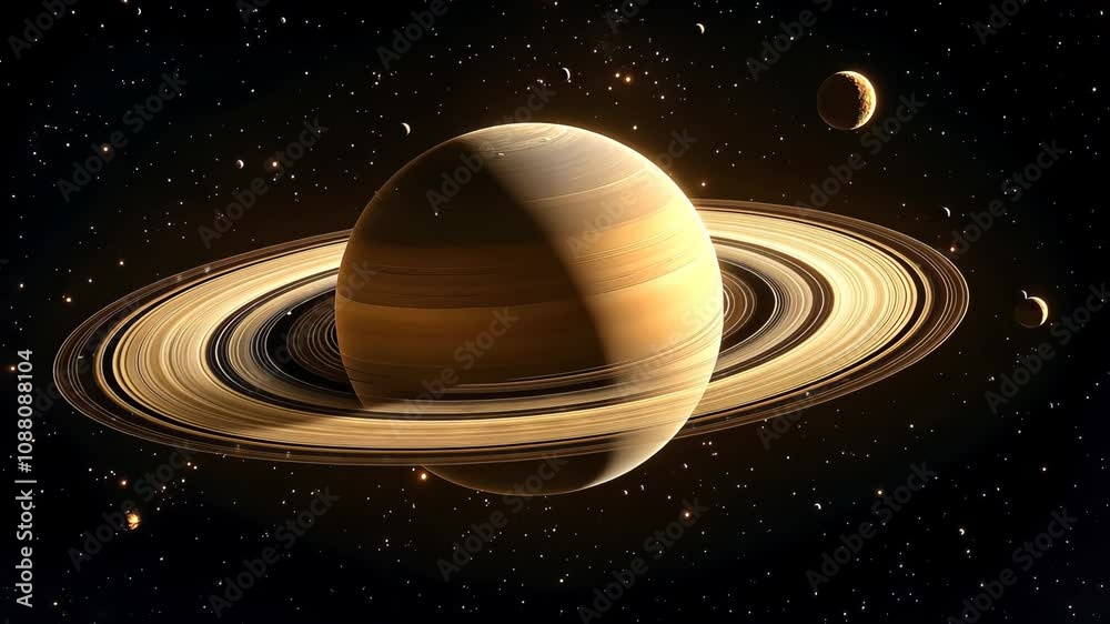 A large planet with a ring around it is shown in the night sky. The planet is surrounded by many stars, and the ring is visible around it. Concept of wonder and awe at the vastness of the universe