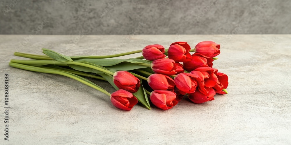 A bunch of vibrant red tulips rests on a light grey concrete surface. Side view, vertical. A bunch of vibrant red tulips rests on a light grey concrete surface. Side view, vertical.