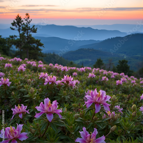 rhododendron field at sunrise, roan mountain state park, tennessee photo