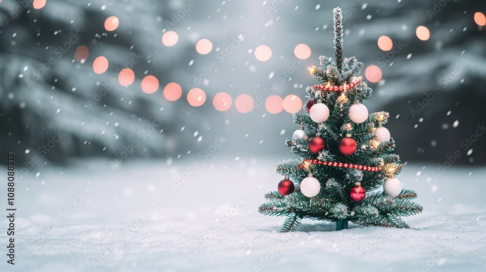 Miniature Christmas tree in snowy setting with lights.