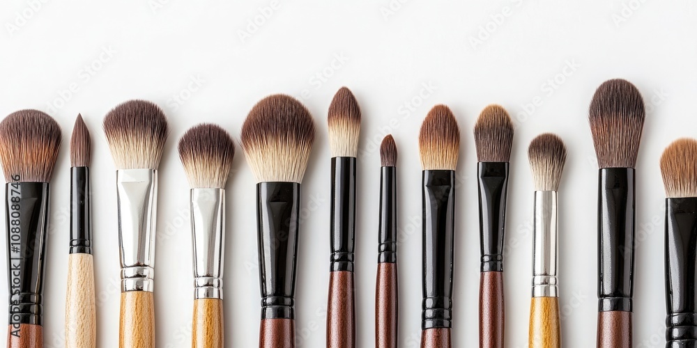 Close-up of a makeup brush set, including tools for various functions. Assortment of small cosmetic brushes, fashionable cosmetic accessories, isolated on a white background. Close-up of a makeup brush set, including tools for various functions. Assortment of small cosmetic brushes, fashionable cosmetic accessories, isolated on a white background.