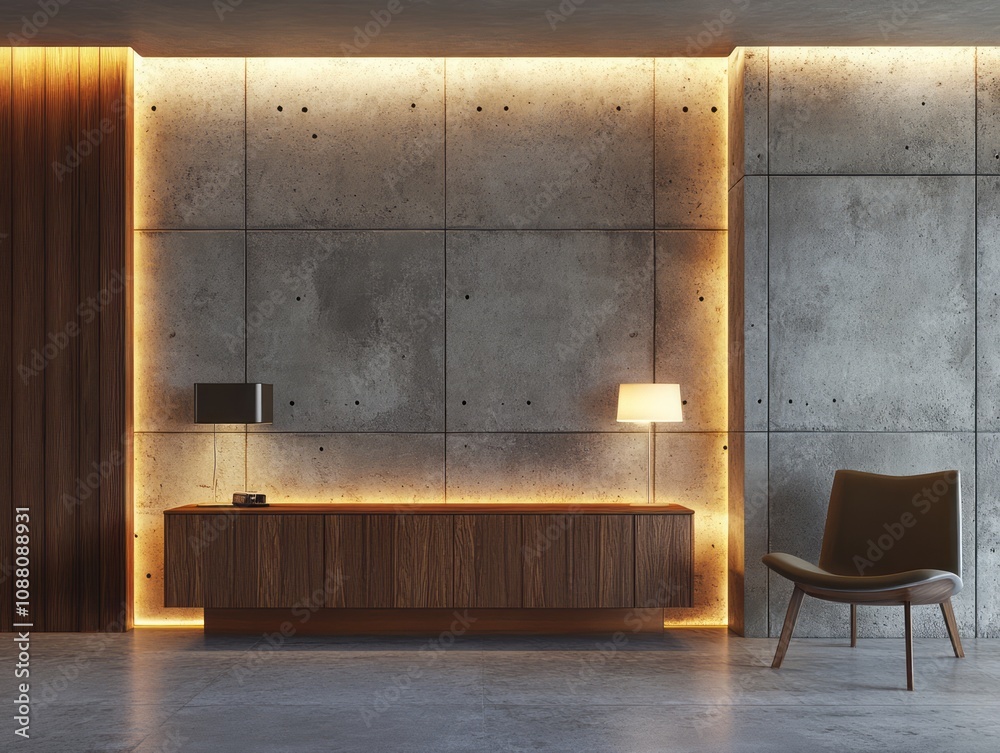 Modern minimalist living room interior design with concrete wall