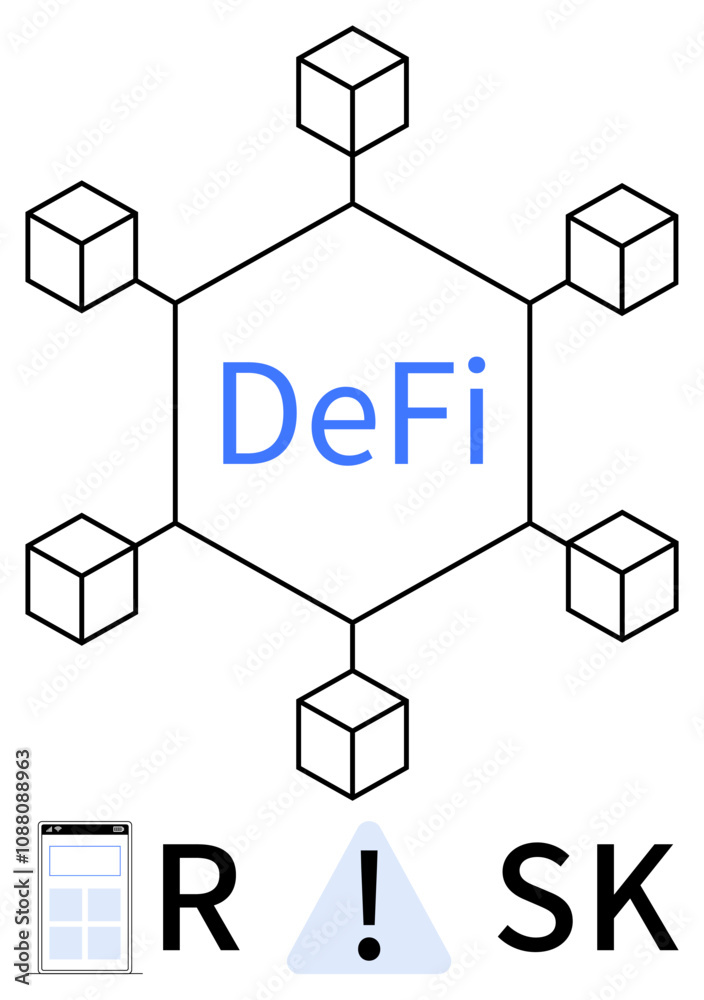 Blockchain network with central DeFi label connected to cubes, highlighting RISK with caution sign. Ideal for fintech education, blockchain seminars, cryptocurrency analysis, financial risk